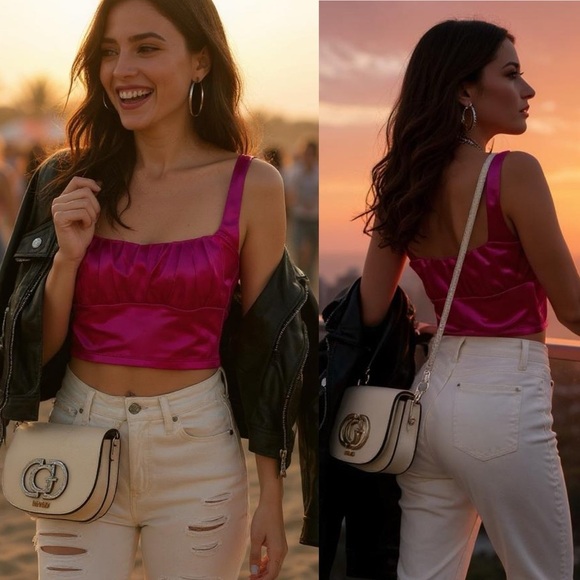 163 Forever 21 | NWOT Hot Pink Satin Crop Top (Size M) - Picture 2 of 12